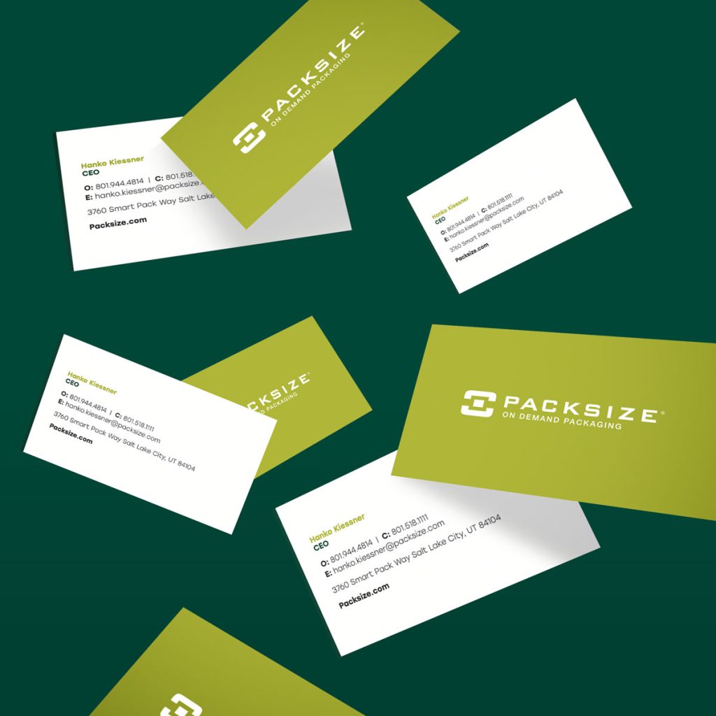 Packsize branding displayed on business cards
