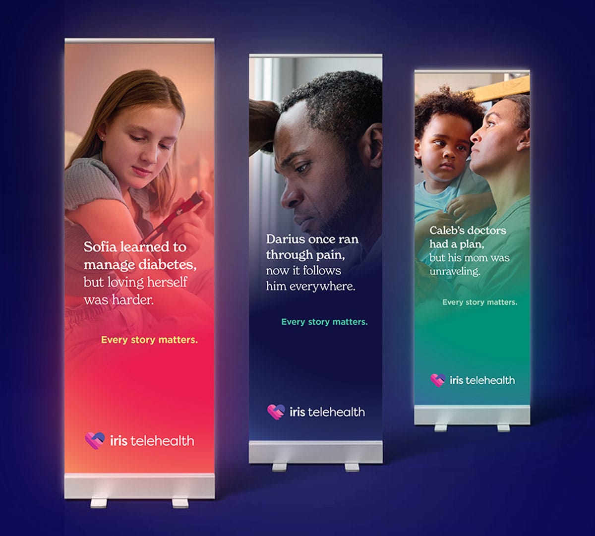 Left banner: a girl looking at her phone against an orange gradient; text reads 'Sofia learned to manage diabetes, but loving herself was harder.' Every story matters. iris telehealth logo.