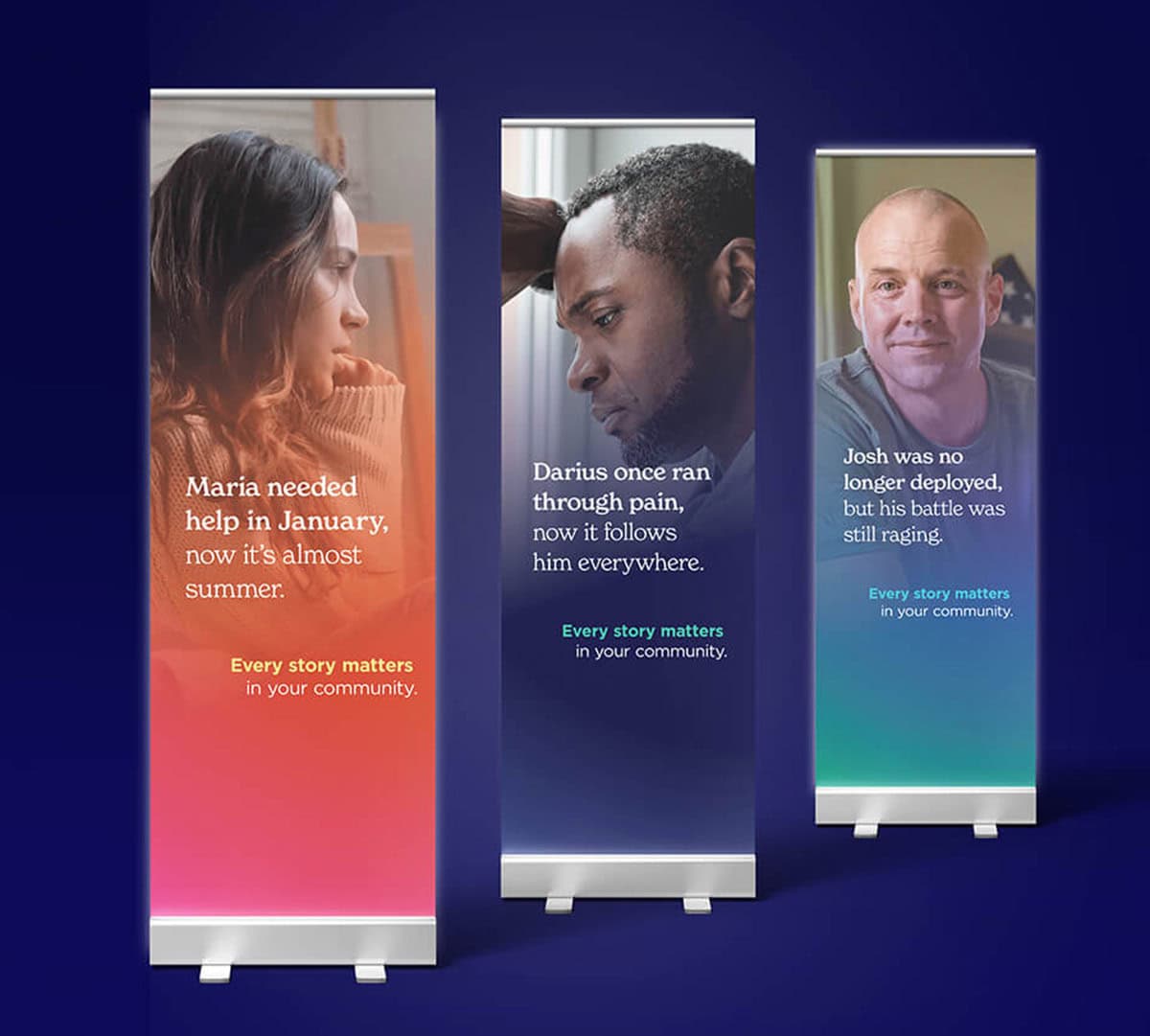 Vertical banner: woman in an orange gradient with the message about Maria needing help; includes the slogan "Every story matters in your community."