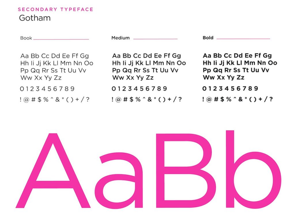 Typography specimen: Gotham font sample showing Book, Medium, Bold weights with uppercase/lowercase letters, numbers, and symbols; large 'AaBb' in pink.