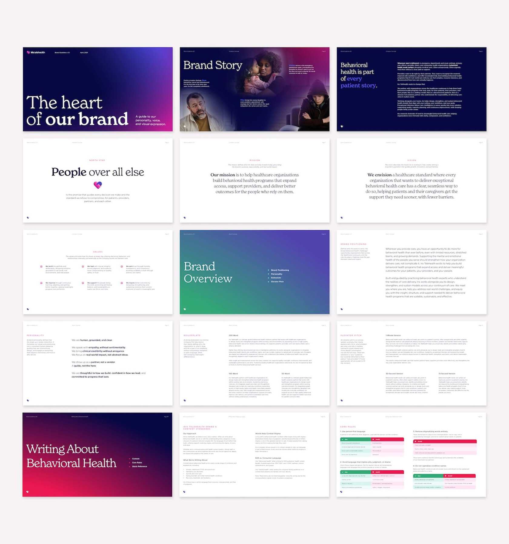 Collage of brand-guideline slide thumbnails showing gradient covers and white content pages, including titles like 'The heart of our brand' and 'Brand Story'.