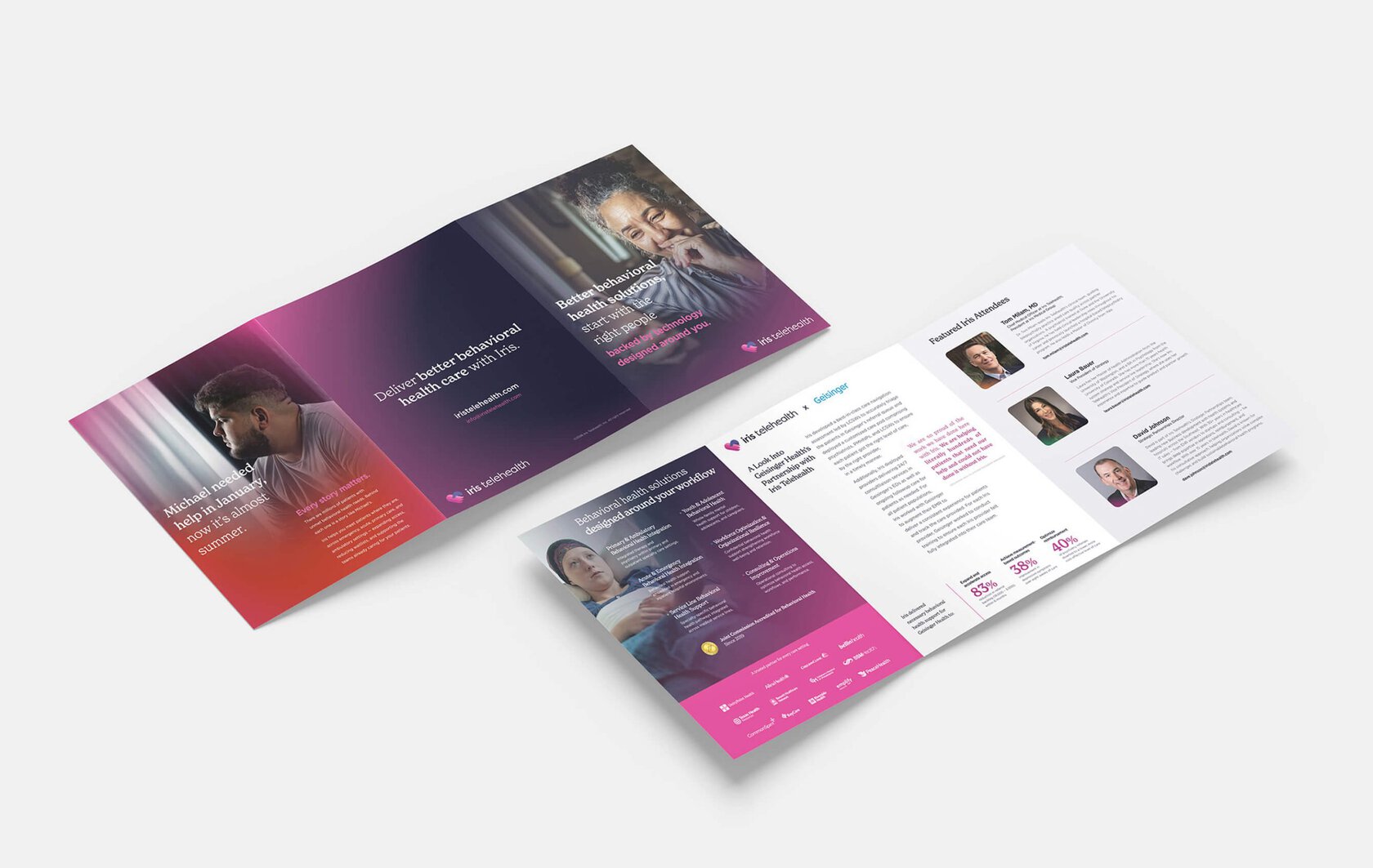 Tri-fold brochure design with gradient purple-pink panels and photos of people, advertising telehealth services.