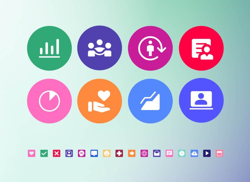 Nine colorful circular app icons arranged in a grid on a pale gradient background, suggesting analytics, teamwork, and user actions.