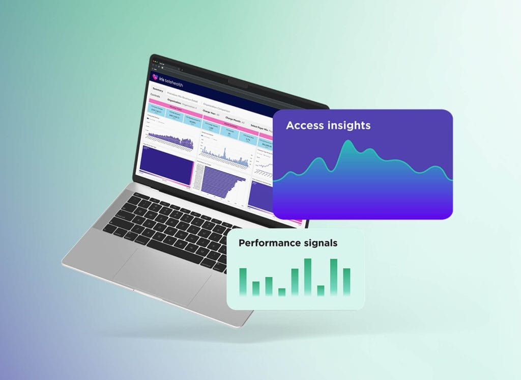 Laptop displaying a colorful analytics dashboard with charts; overlay card reads 'Access insights'