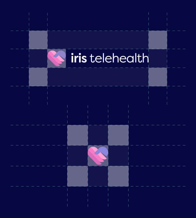 Iris Telehealth logo featuring a pink and purple handshake heart icon on a dark blue background.