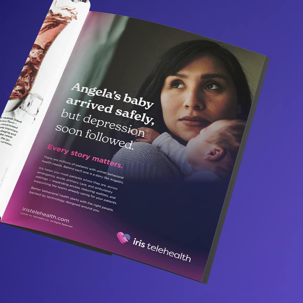 Open magazine spread showing a woman holding a baby with article text about Angela's baby and postpartum depression; iris telehealth ad at bottom right.