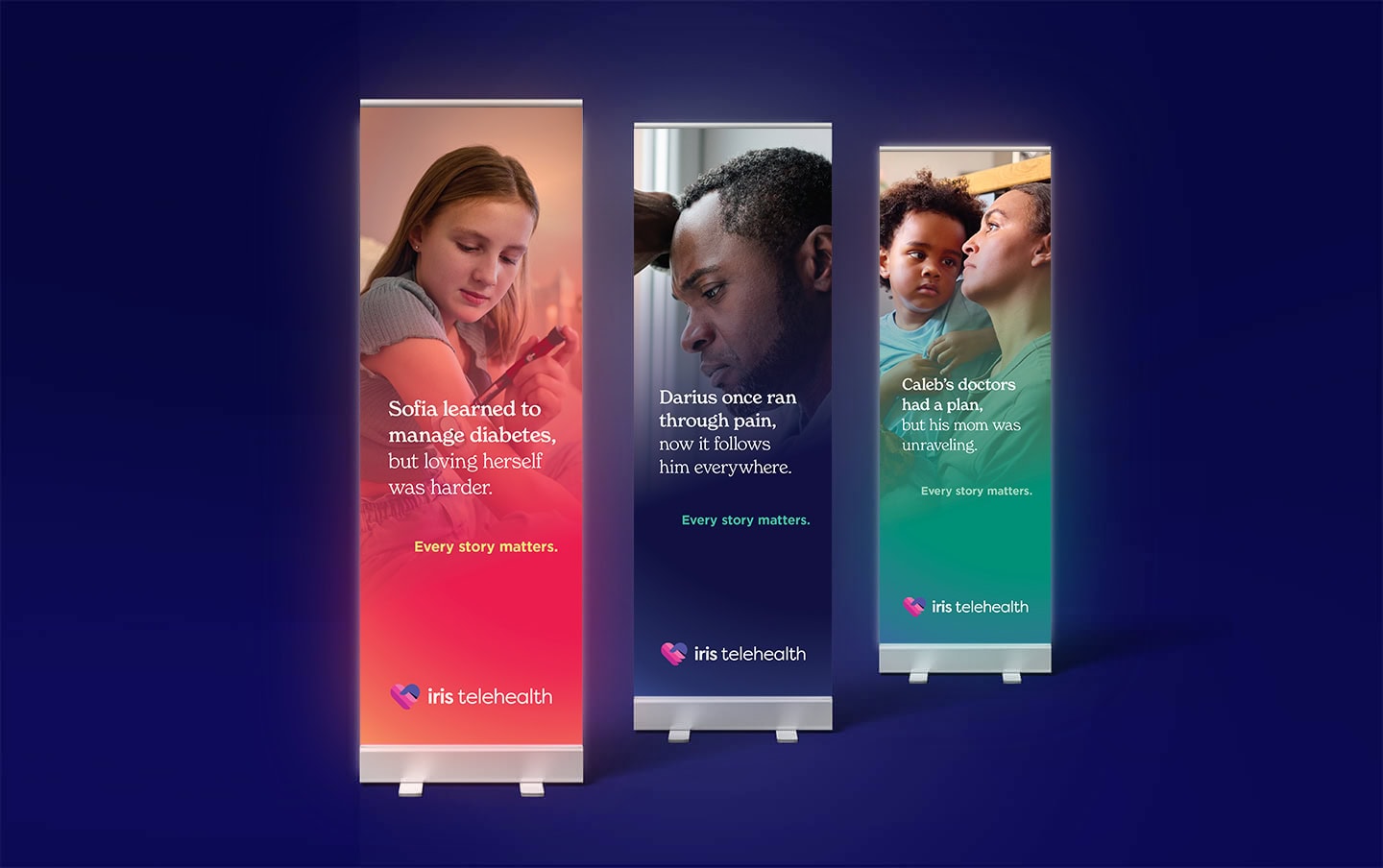 Three tall Iris Telehealth banners on a dark blue background showcasing personal health stories (diabetes, pain, and maternal care).