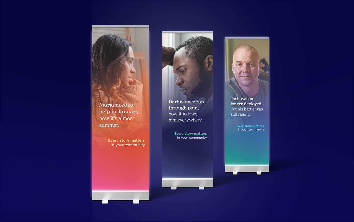 Three vertical banners on a dark blue backdrop, each showing a person with a short testimonial about community support.