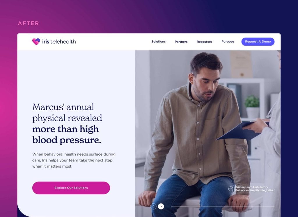 Hero banner showing Iris Telehealth site header with navigation and a man in a casual shirt looking at a clipboard in an office; left side has large text and a pink CTA button.