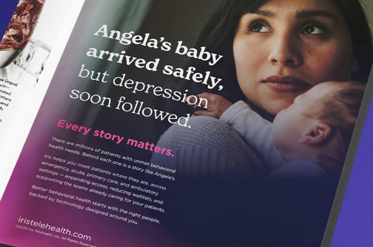 Magazine spread featuring a woman holding a baby; headline reads: 'Angela's baby arrived safely, but depression soon followed.' Subheading: 'Every story matters.'