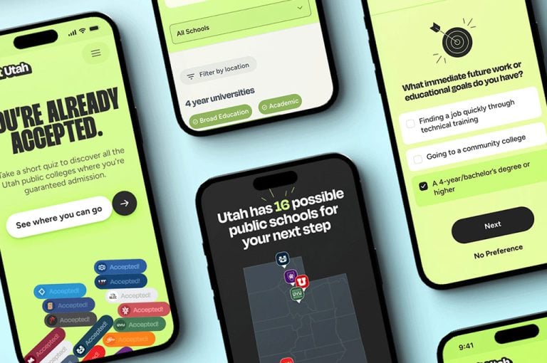 Smartphone screens show an edtech app for Utah public schools with lime gradients and options like 'See where you can go' and 'Next.'