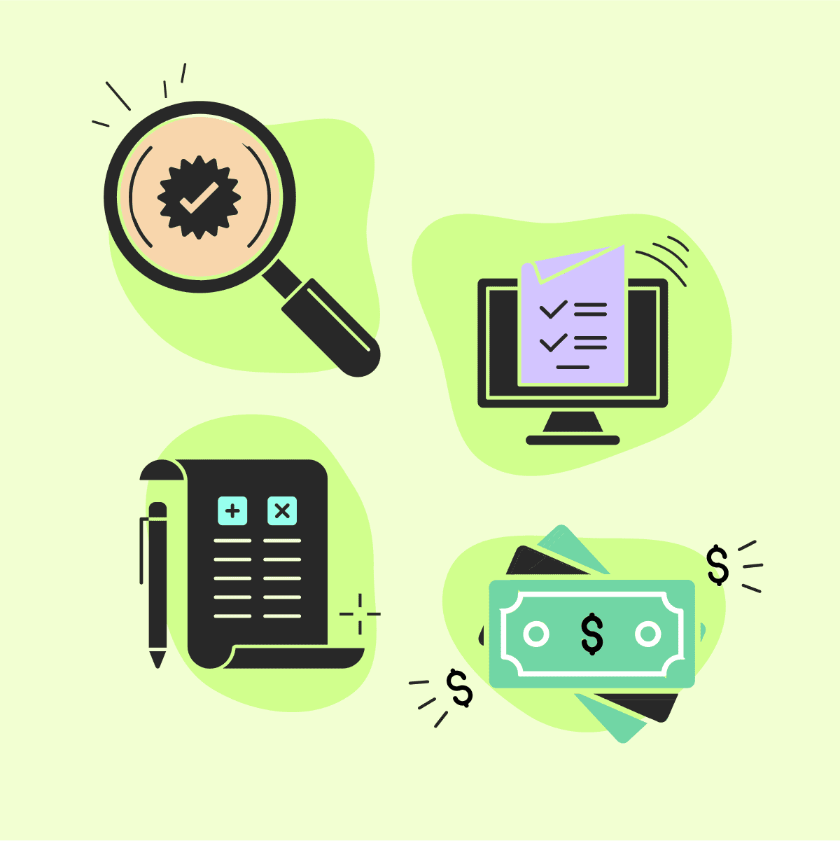 Four finance icons: magnifying glass with a check, a laptop with a checklist, a calculator-style receipt, and a stack of cash.
