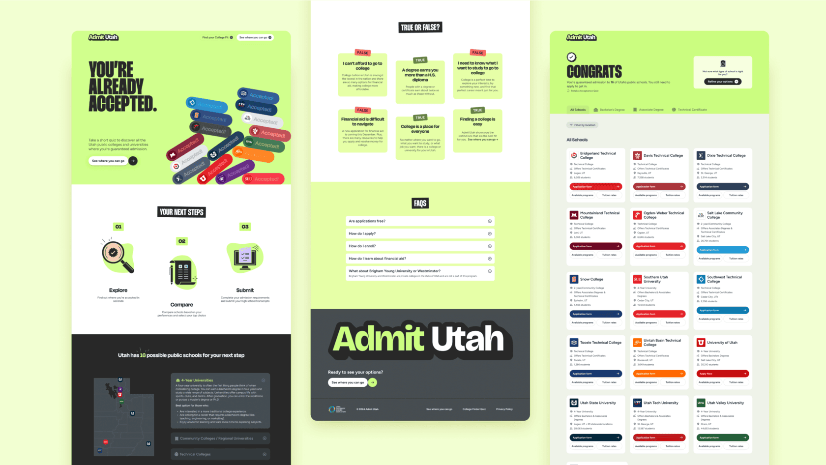 Three Admit Utah screens: 'You're already accepted' hero, a true/false quiz, and a 'Congrats' college results grid.