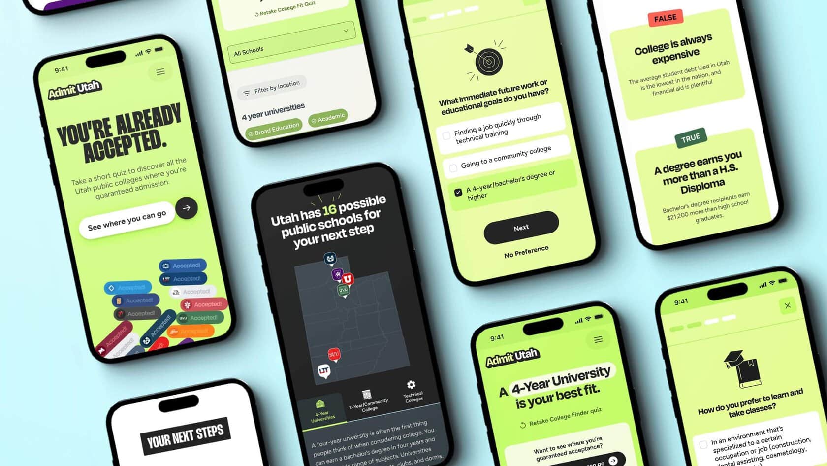 Collage of smartphone screens with lime-green app screens about college admissions, showing messages like 'You're already accepted' and 'A 4-year university is your best fit'.