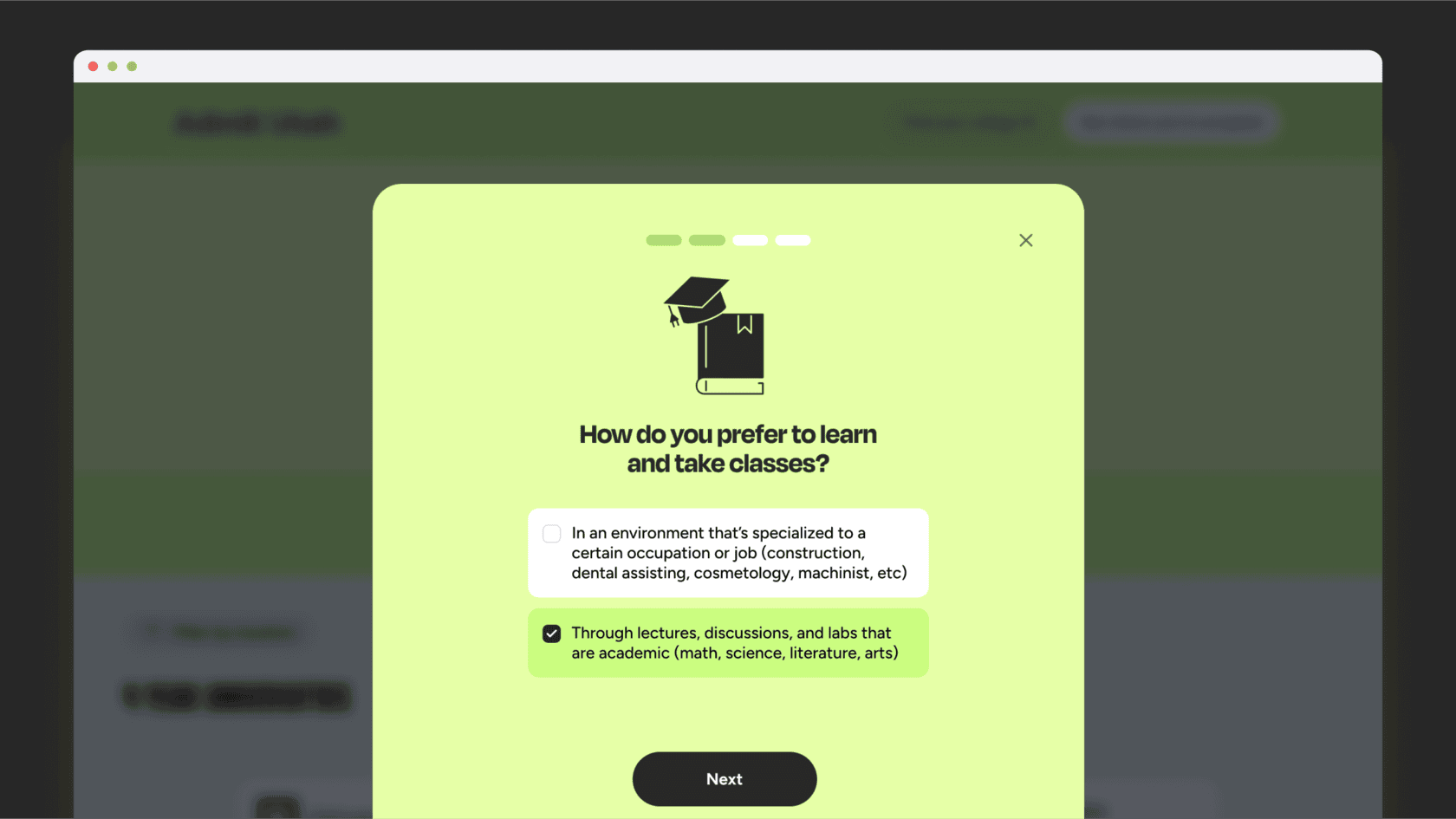 Onboarding modal asking how you prefer to learn, with graduation cap icon and multiple preference options in a bright lime panel