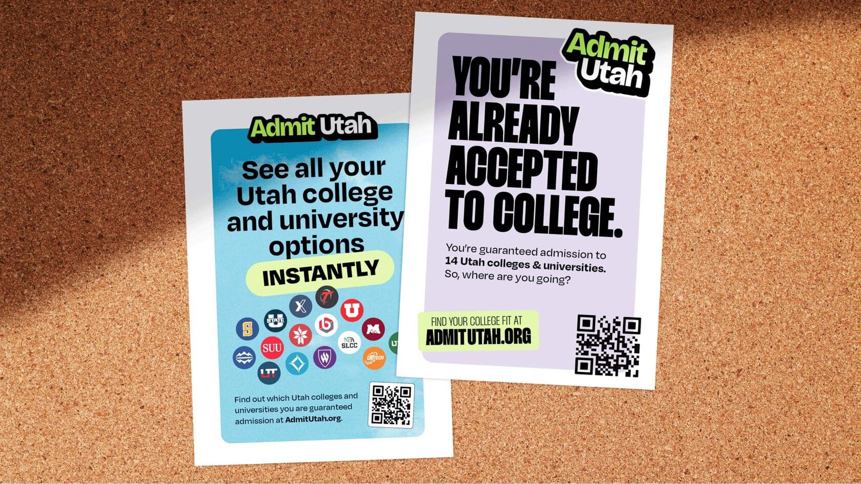 Two Admit Utah posters on a corkboard advertising guaranteed college admissions and listing Utah colleges.
