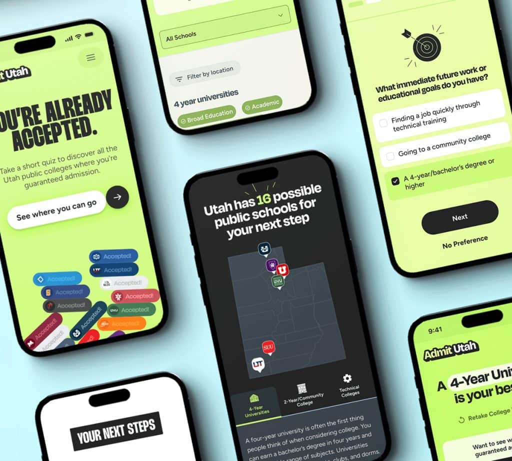 Phone screens display a Utah education app with admission messages and school options on bright green backgrounds to guide users toward next steps.